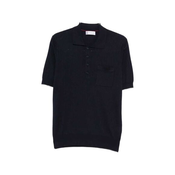 Brunello Cucinelli Men Blue Polo Shirt With Woven Pattern